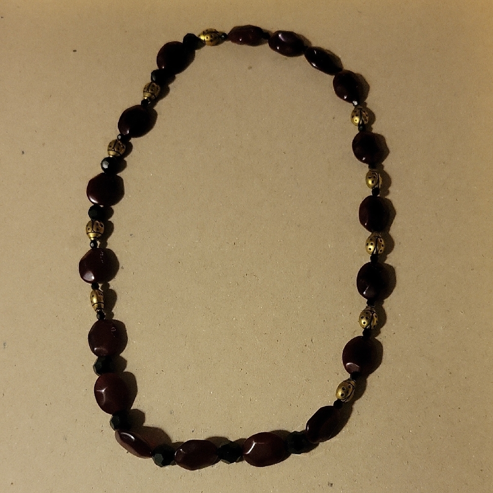 Deep Red Glass, Black Plastic Or Acrylic, & Gold Tone Ladybug Beaded Necklace